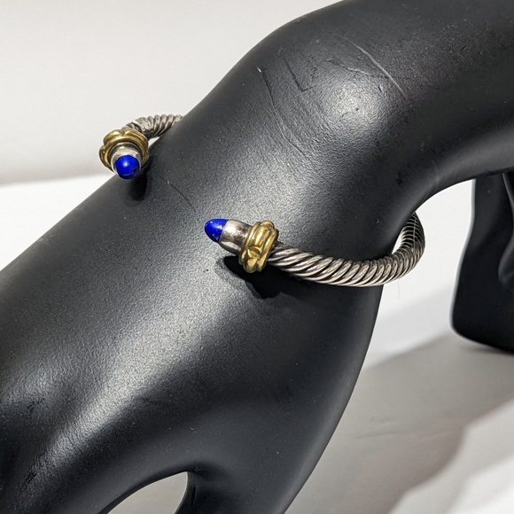 Vintage Mexico 925 Sterling Silver With Lapis Stone Rope Cuff Bracelet - Picture 4 of 13